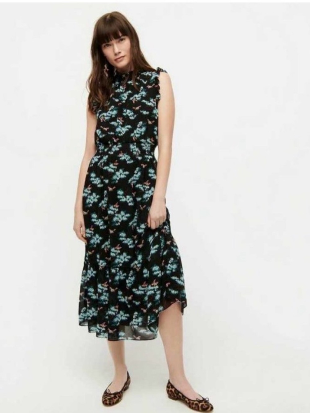 J. Crew Black Midi Dress with Mint and Pink Floral Print